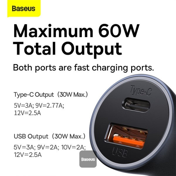 Baseus Golden Contactor Max Dual Fast Charger Car Charger U+C 60W Dark Gray