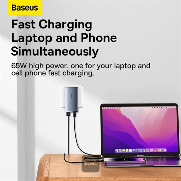 Baseus GaN5 Pro Ultra-Slim Fast Charger C+U 65W UK EU US Adapter Plug With 100W USB C Cable - Grey