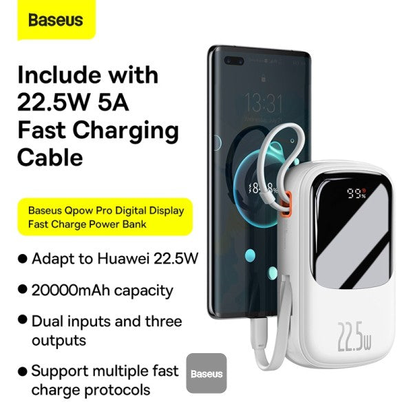 Baseus Qpow Digital Display power bank with fast charging 20000mAh 225W QC PD SCP FCP with built-in USB-C cable white