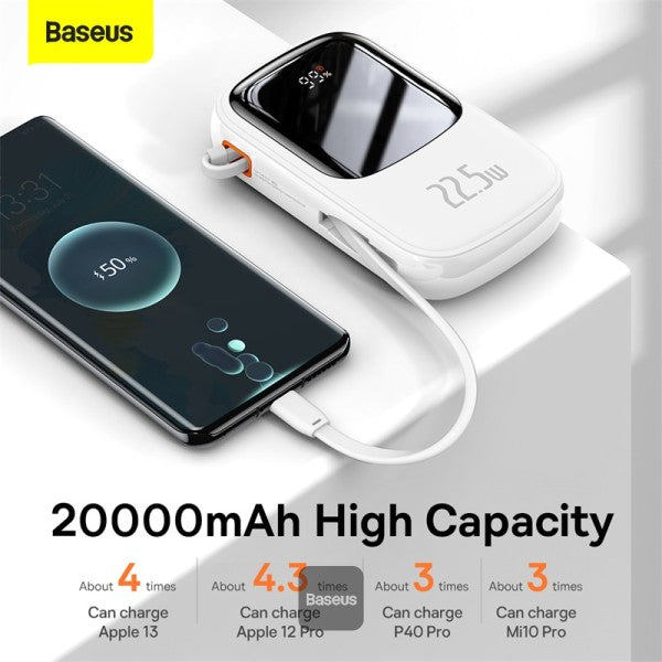 Baseus Qpow Digital Display power bank with fast charging 20000mAh 225W QC PD SCP FCP with built-in USB-C cable white