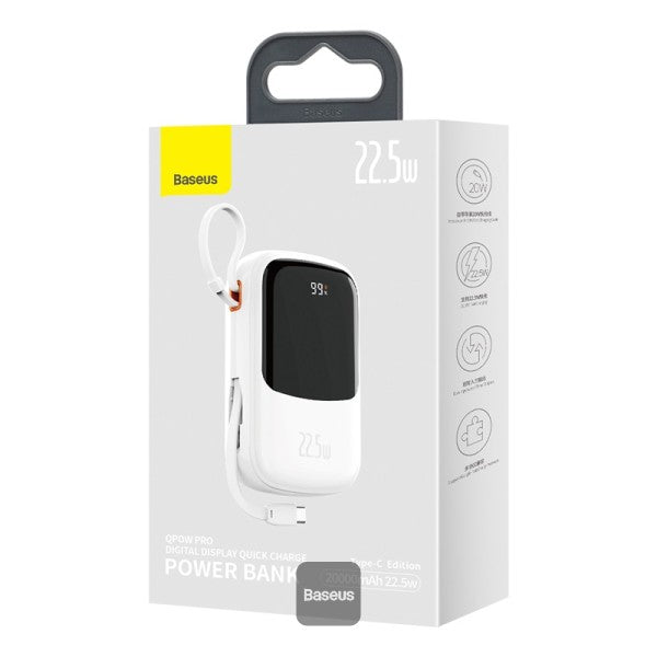 Baseus Qpow Digital Display power bank with fast charging 20000mAh 225W QC PD SCP FCP with built-in USB-C cable white