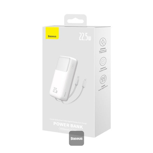 Baseus Comet Series Dual-Cable Digital Display Fast Charge Power Bank 20000mAh 225W White With Simple Series Charging Cable USB to Type-C 30cm White