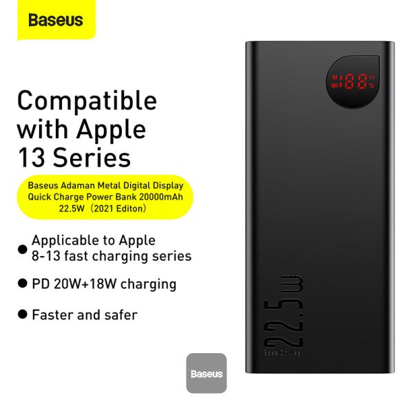 Baseus Adaman Metal Digital Display Quick Charge Power Bank 20000mAh 225W Black Overseas Edition With Simple Series Charging Cable USB to Type-C 3A 03m Black
