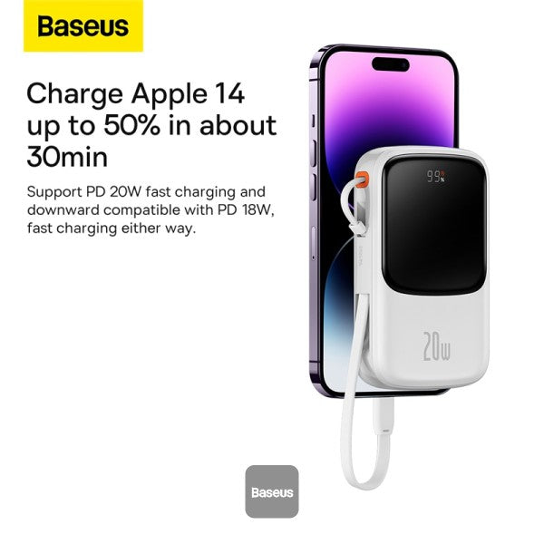 Baseus Qpow Pro Digital Display Fast Charge Power Bank 10000mAh 20W iPhone Edition White With: Simple charging cable Type-C 3A 03m White