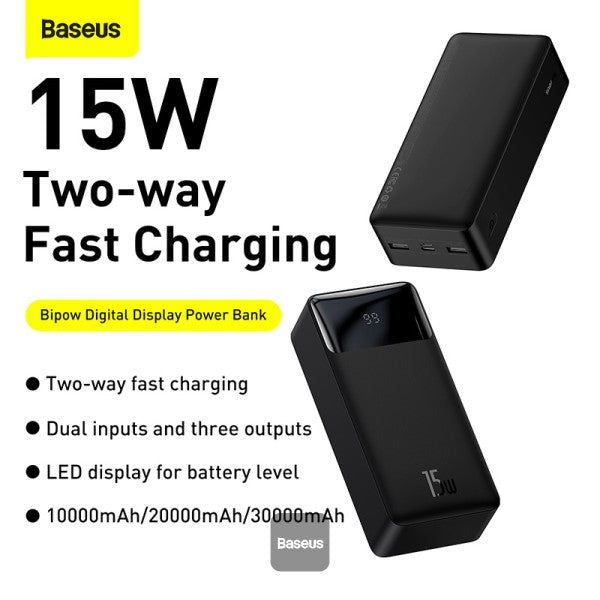 Baseus Bipow Digital Display Power Bank 30000mAh 15W Black Overseas Edition With Simple Series Charging Cable USB to Micro 25cm Black