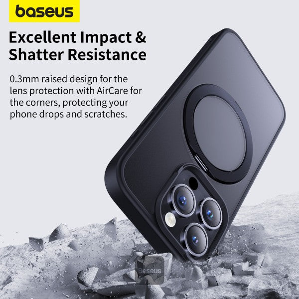 Baseus iPhone 15 Pro Max Magnetic Case with 360 Degree Rotatable Kickstand - Premium Quality Slim Anti-Fingerprint Matte Back Never Yellow - Black