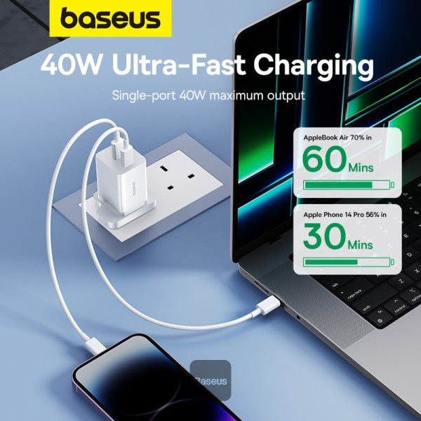 Baseus PD 40W Dual Type C Fast Charger - USB C GaN5 Pro Charging Adapter for MacBook Pro iPhone 15 14 13 Samsung Galaxy Pixel - White