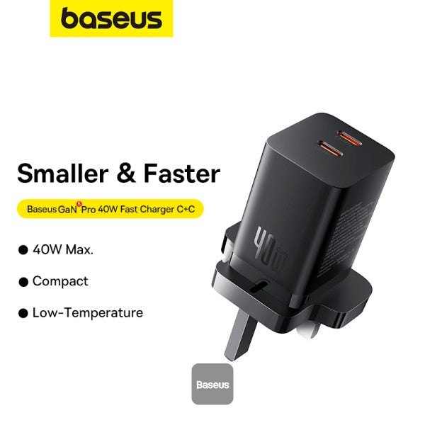 Baseus PD 40W Dual Type C Fast Charger - USB C GaN5 Pro Charging Adapter for MacBook Pro iPhone 15 14 13 Samsung Galaxy Pixel iPad AirPods iWatch - Black