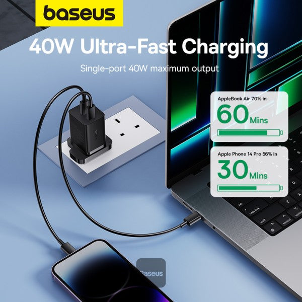 Baseus PD 40W Dual Type C Fast Charger - USB C GaN5 Pro Charging Adapter for MacBook Pro iPhone 15 14 13 Samsung Galaxy Pixel iPad AirPods iWatch - Black