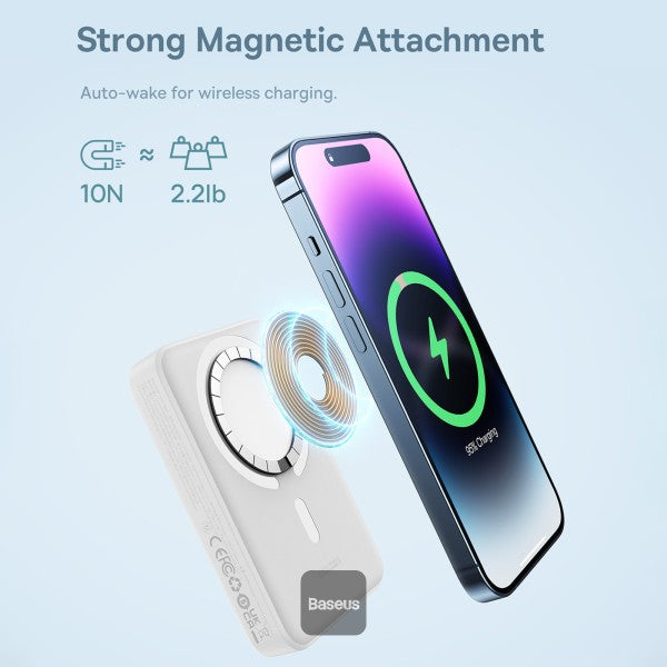 Baseus 10000mAh Magnetic Mini Wireless Fast Charge Magsafe Power Bank PD 30W With USB-C Cable - White