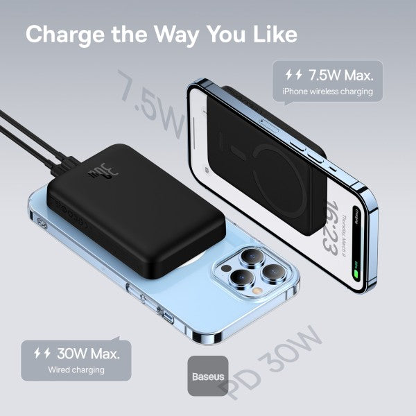 Baseus 10000mAh Magnetic Mini Wireless Fast Charge Magsafe Power Bank PD 30W With USB-C Cable - Black