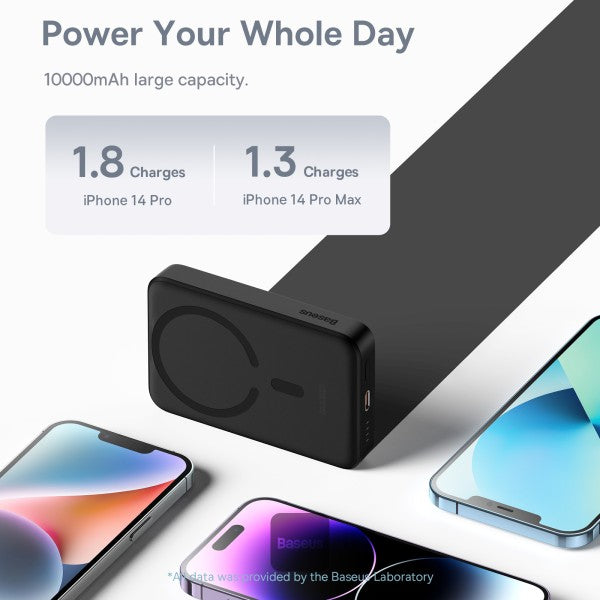 Baseus 10000mAh Magnetic Mini Wireless Fast Charge Magsafe Power Bank PD 30W With USB-C Cable - Black