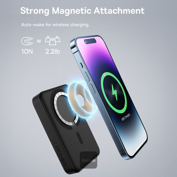 Baseus 10000mAh Magnetic Mini Wireless Fast Charge Magsafe Power Bank PD 30W With USB-C Cable - Black