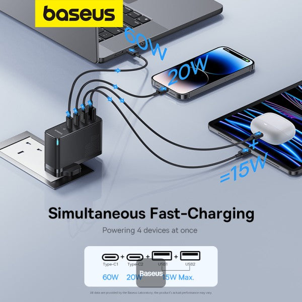 Baseus GaN5 Pro 100W 4 Port Fast Charger | 2 Type-C + 2 USB-A UK Plug with 100W Fast Charging Data Cable Type-C (20V 5A) 1M - Black