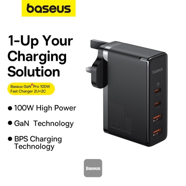 Baseus GaN5 Pro 100W 4 Port Fast Charger | 2 Type-C + 2 USB-A UK Plug with 100W Fast Charging Data Cable Type-C (20V 5A) 1M - Black