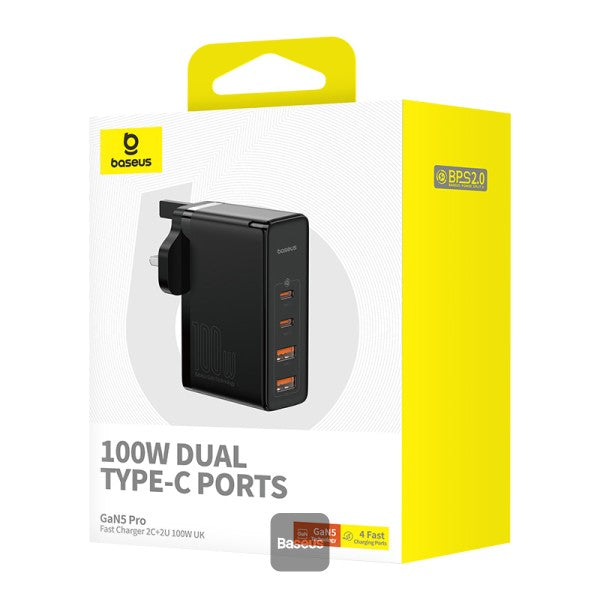 Baseus GaN5 Pro 100W 4 Port Fast Charger | 2 Type-C + 2 USB-A UK Plug with 100W Fast Charging Data Cable Type-C (20V 5A) 1M - Black