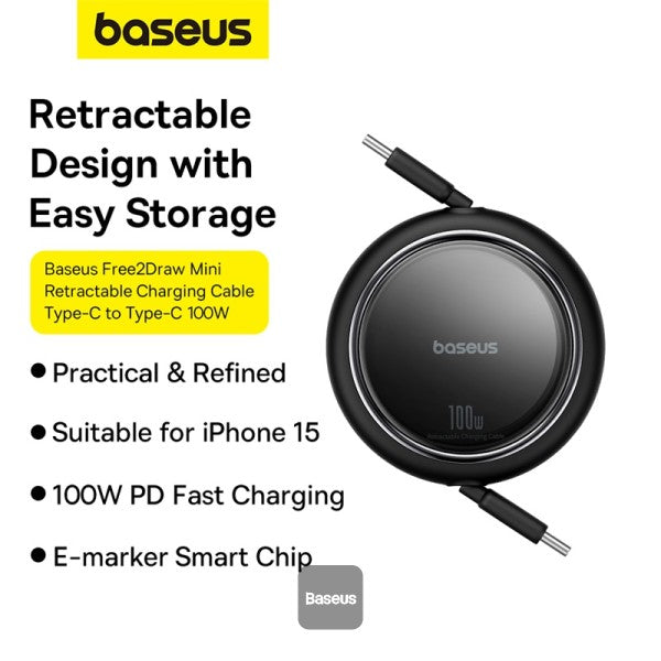 Baseus 100W Free2 Draw Mini Both-Way Retractable Type C to Type C Fast Charging Data Cable 1M - Black