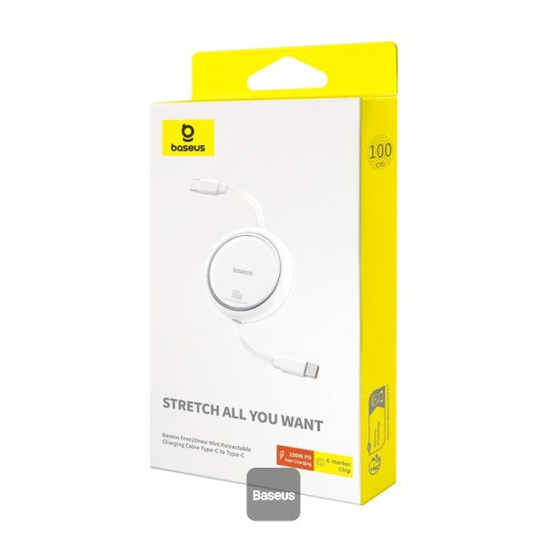 Baseus 100W Free2 Draw Mini Both-Way Retractable Type C to Type C Fast Charging Data Cable 1M - White