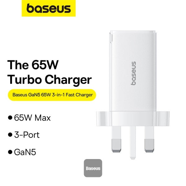 Baseus GaN5 Pro 65W 3 Port Fast Charger | 2 Type-C + USB-A UK Plug | Compatible With MacBook Pro Air iPad Pro iPhone 15 Pro Max Samsung S23 - White (Include: Baseus Xiaobai Series Fast Charging Cable Type-C to Type-C 100W(20V 5A) 1M - White)