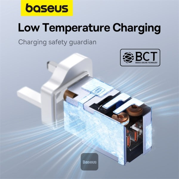 Baseus GaN5 Pro 65W 3 Port Fast Charger | 2 Type-C + USB-A UK Plug | Compatible With MacBook Pro Air iPad Pro iPhone 15 Pro Max Samsung S23 - White (Include: Baseus Xiaobai Series Fast Charging Cable Type-C to Type-C 100W(20V 5A) 1M - White)
