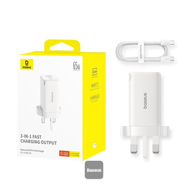 Baseus GaN5 Pro 65W 3 Port Fast Charger | 2 Type-C + USB-A UK Plug | Compatible With MacBook Pro Air iPad Pro iPhone 15 Pro Max Samsung S23 - White (Include: Baseus Xiaobai Series Fast Charging Cable Type-C to Type-C 100W(20V 5A) 1M - White)