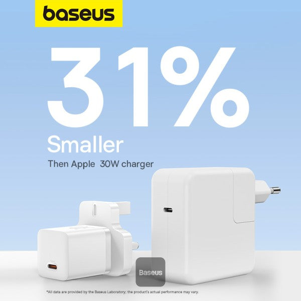 Baseus GaN5 30W Type-C Mini Fast Charger | UK Plug | Compatible With MacBook Pro Air iPad Pro iPhone 15 Pro Max Samsung S23 - White