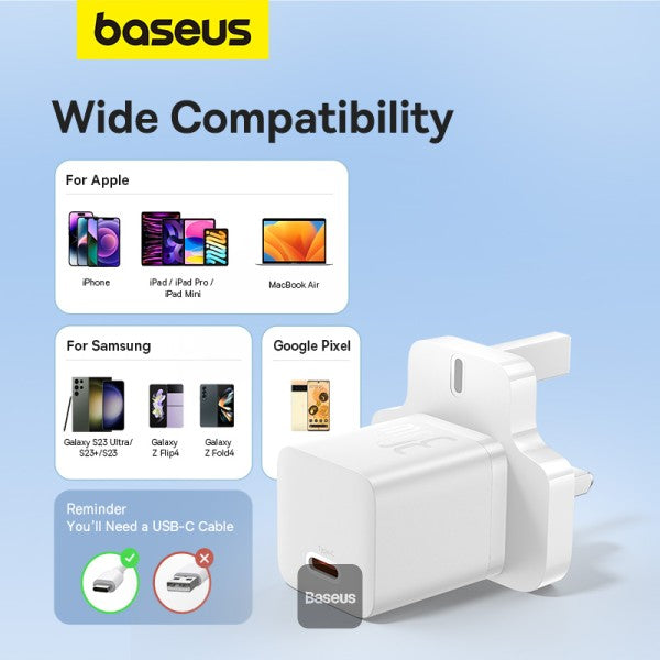 Baseus GaN5 30W Type-C Mini Fast Charger | UK Plug | Compatible With MacBook Pro Air iPad Pro iPhone 15 Pro Max Samsung S23 - White