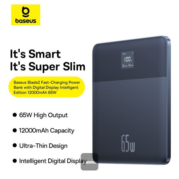 Baseus Blade2 12000mAh Power Bank | 65W Fast Charging Ultra Thin Digital Display Intelligent Edition Battery Pack For Laptop MacBook & Phones - Blue