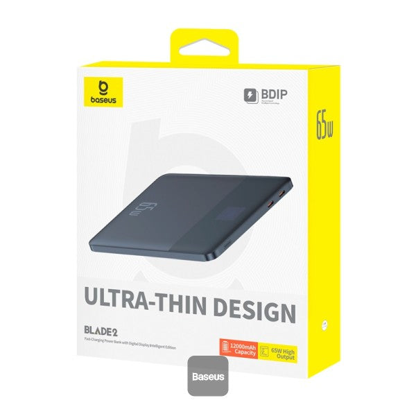 Baseus Blade2 12000mAh Power Bank | 65W Fast Charging Ultra Thin Digital Display Intelligent Edition Battery Pack For Laptop MacBook & Phones - Blue