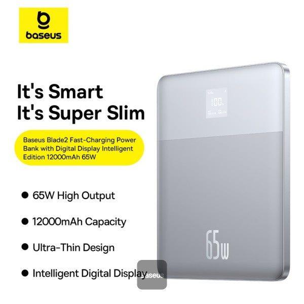 Baseus Blade2 12000mAh Power Bank | 65W Fast Charging Ultra Thin Digital Display Intelligent Edition Battery Pack For Laptop MacBook & Phones - Silver
