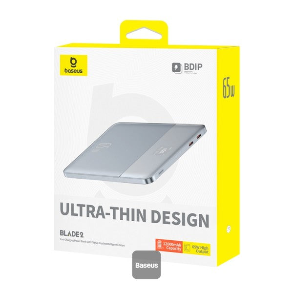 Baseus Blade2 12000mAh Power Bank | 65W Fast Charging Ultra Thin Digital Display Intelligent Edition Battery Pack For Laptop MacBook & Phones - Silver