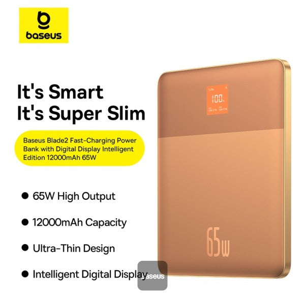 Baseus Blade2 12000mAh Power Bank | 65W Fast Charging Ultra Thin Digital Display Intelligent Edition Battery Pack For Laptop MacBook Pro iPad iPhone and All Smart Phones - Canyon Coral