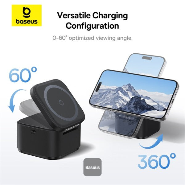 Baseus MagPro 2 in 1 Magnetic Wireless Charger | 25W Fast Charger Stand For iPhone and Airpods with USB-C Output For iWatch Charger - Black