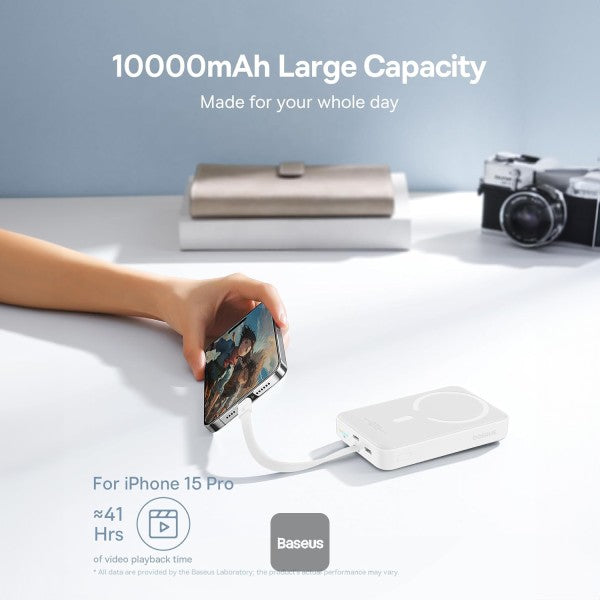 Baseus 10000mAh Magnetic Mini Wireless Fast Charge Power Bank 30W With Built-In Type-C Cable (In and Out) - White
