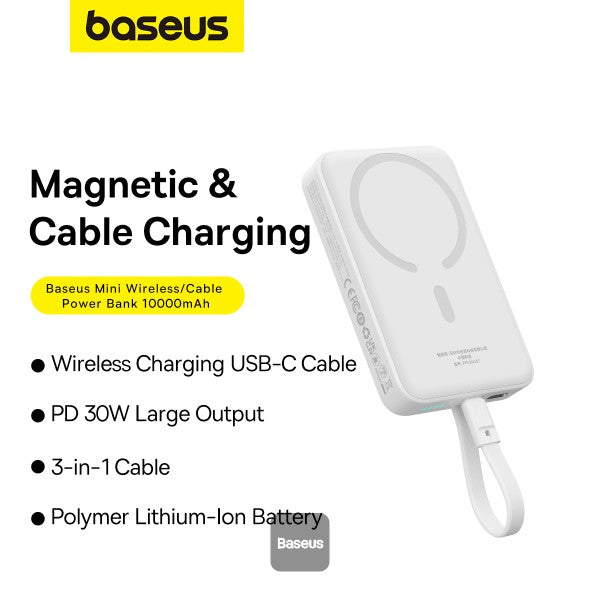 Baseus 10000mAh Magnetic Mini Wireless Fast Charge Power Bank 30W With Built-In Type-C Cable (In and Out) - White