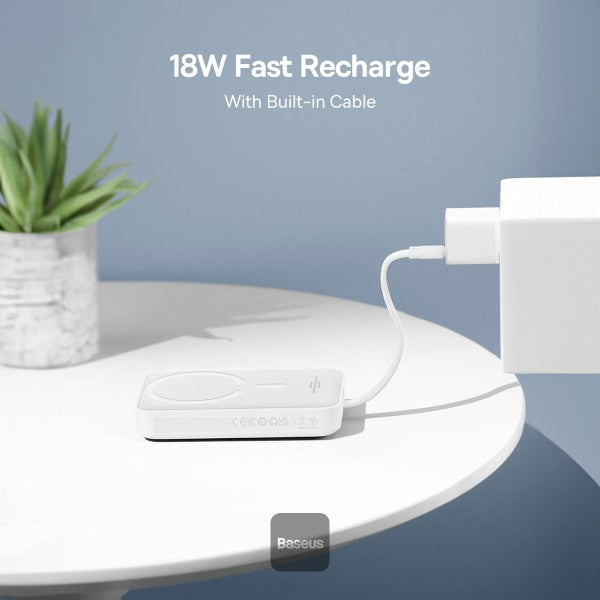 Baseus 10000mAh Magnetic Mini Wireless Fast Charge Power Bank 30W With Built-In Type-C Cable (In and Out) - White