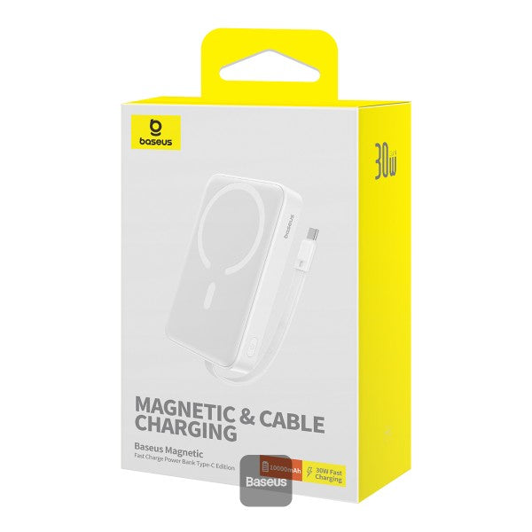 Baseus 10000mAh Magnetic Mini Wireless Fast Charge Power Bank 30W With Built-In Type-C Cable (In and Out) - White