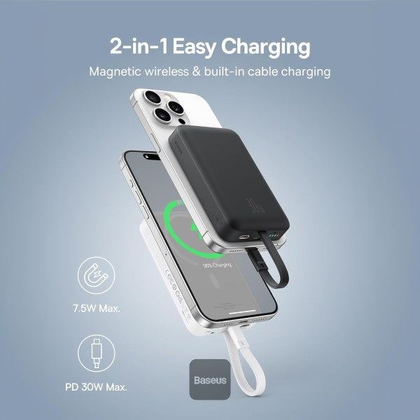 Baseus 10000mAh Magnetic Mini Wireless Fast Charge Power Bank 30W With Built-In Type-C Cable (In and Out) - Black