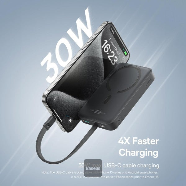 Baseus 10000mAh Magnetic Mini Wireless Fast Charge Power Bank 30W With Built-In Type-C Cable (In and Out) - Black