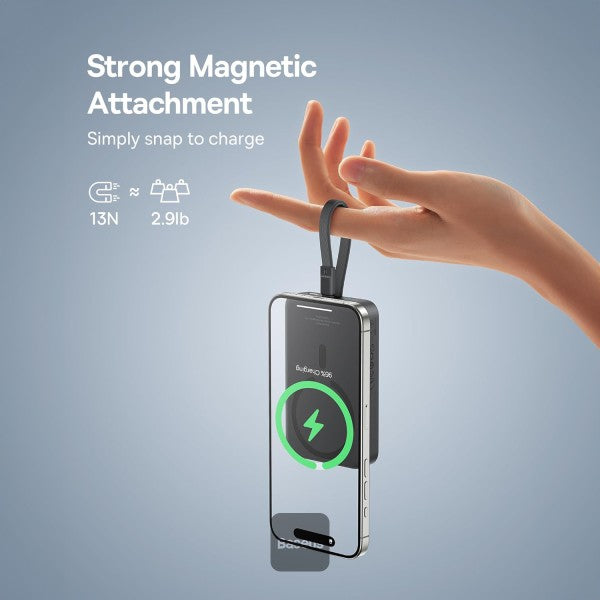 Baseus 10000mAh Magnetic Mini Wireless Fast Charge Power Bank 30W With Built-In Type-C Cable (In and Out) - Black