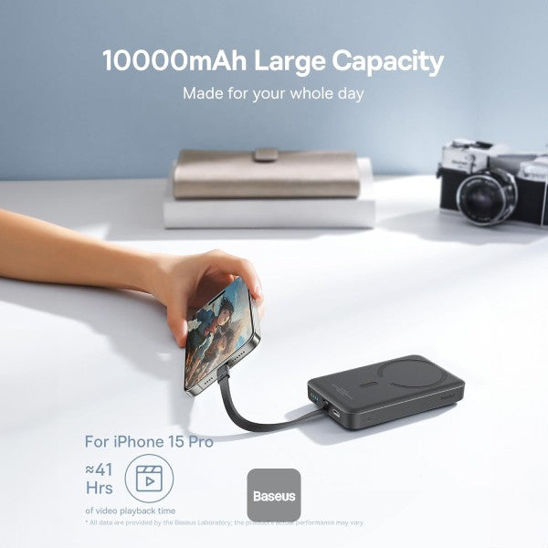 Baseus 10000mAh Magnetic Mini Wireless Fast Charge Power Bank 30W With Built-In Type-C Cable (In and Out) - Black