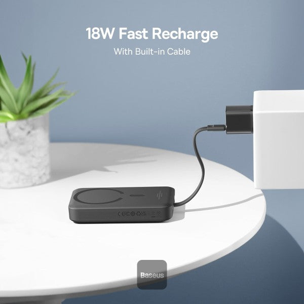Baseus 10000mAh Magnetic Mini Wireless Fast Charge Power Bank 30W With Built-In Type-C Cable (In and Out) - Black