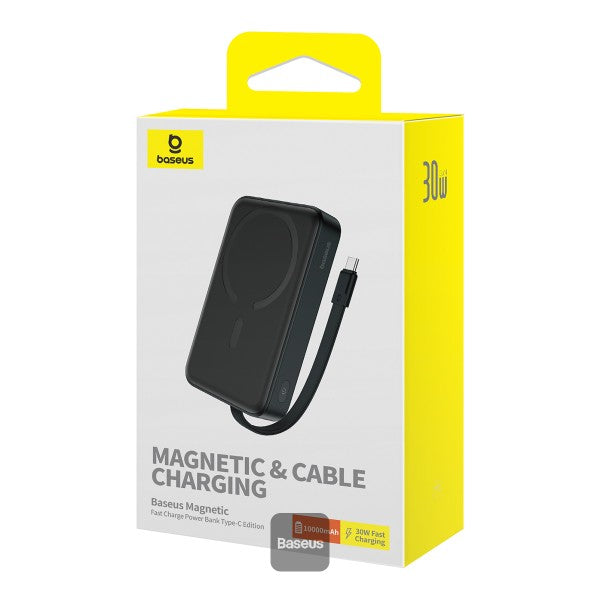 Baseus 10000mAh Magnetic Mini Wireless Fast Charge Power Bank 30W With Built-In Type-C Cable (In and Out) - Black