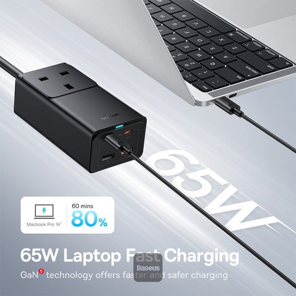 Baseus GaN5 Pro 65W Power Strip Ultimate Charging Station with 5 Ports 1 AC Power Outlet 2 Type-C 2 USB-A Includes 100W Type-C Cable - Black