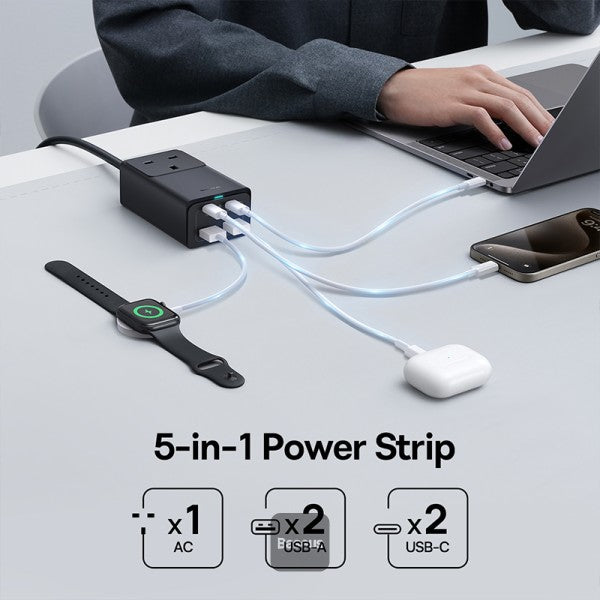 Baseus GaN5 Pro 65W Power Strip Ultimate Charging Station with 5 Ports 1 AC Power Outlet 2 Type-C 2 USB-A Includes 100W Type-C Cable - Black