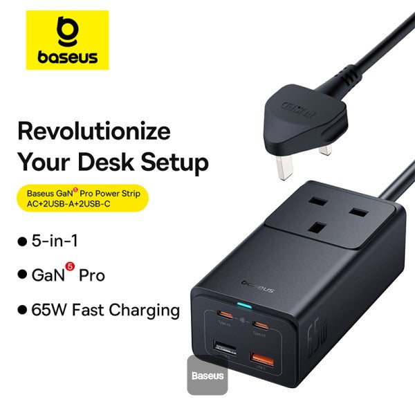 Baseus GaN5 Pro 65W Power Strip Ultimate Charging Station with 5 Ports 1 AC Power Outlet 2 Type-C 2 USB-A Includes 100W Type-C Cable - Black