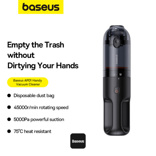 Baseus AP01 Wireless Handy Vacuum Cleaner with Disposable Dust Bags for Home & Car | Rechargeable 5000 Pa - Black