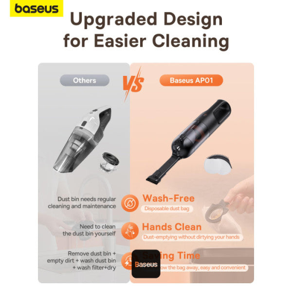 Baseus AP01 Wireless Handy Vacuum Cleaner with Disposable Dust Bags for Home & Car | Rechargeable 5000 Pa - Black
