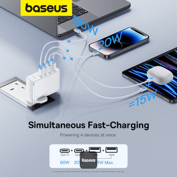 Baseus GaN5 Pro 100W 4 Port Fast Charger | 2 Type-C + 2 USB-A UK Plug with 100W Fast Charging Data Cable Type-C (20V 5A) 1M - White