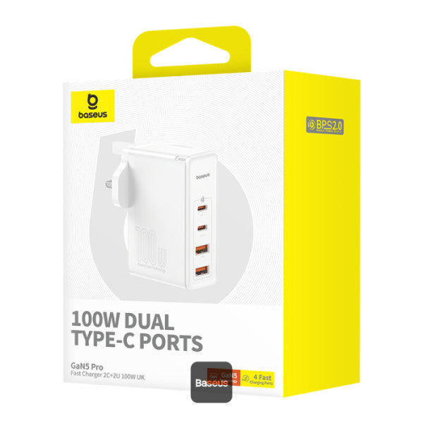 Baseus GaN5 Pro 100W 4 Port Fast Charger | 2 Type-C + 2 USB-A UK Plug with 100W Fast Charging Data Cable Type-C (20V 5A) 1M - White